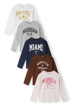 Front of five long-sleeve tops with Nashville, Manhattan, Miami, Michigan and San Diego graphics.