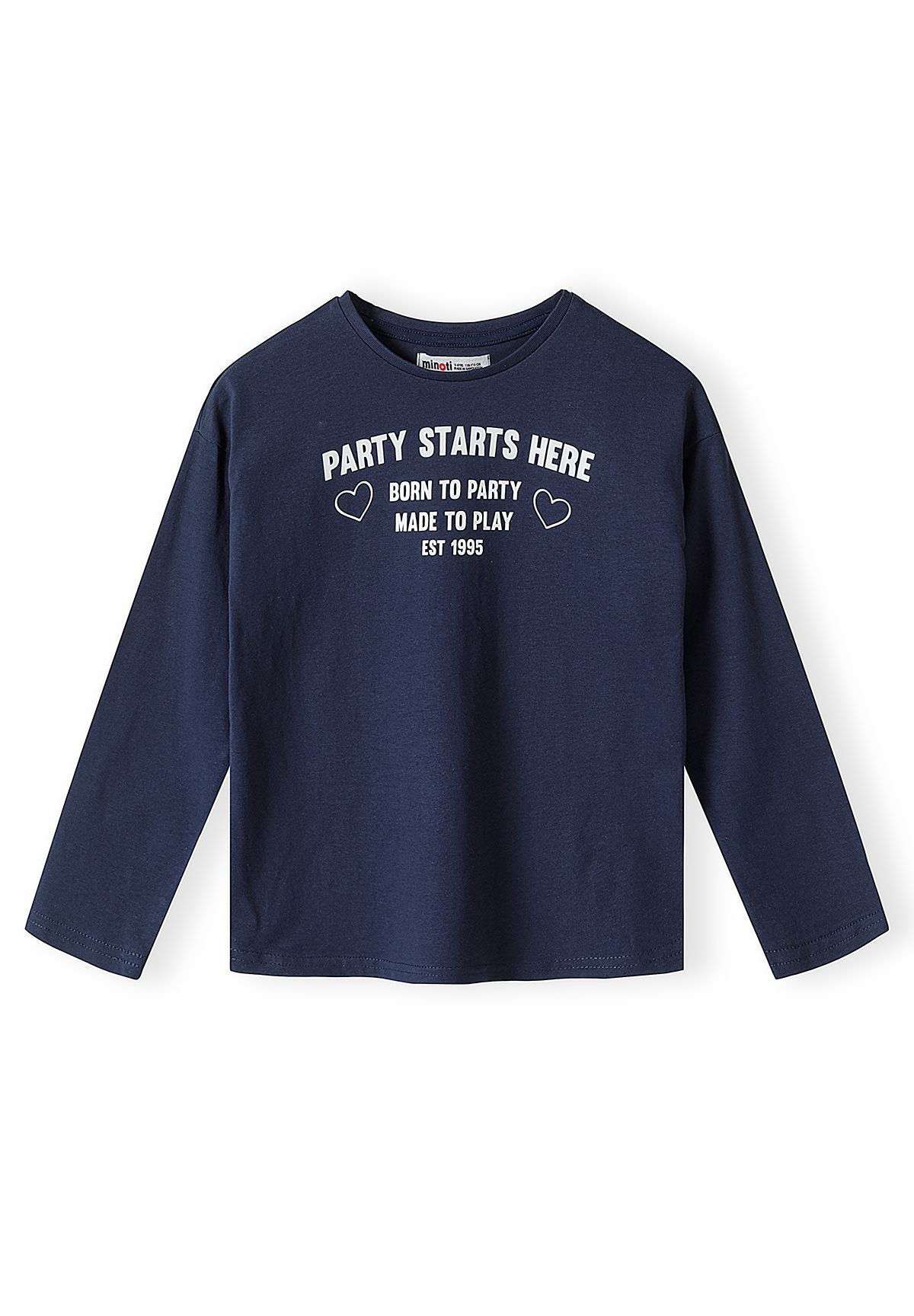 Navy long-sleeve top with white PARTY STARTS HERE chest print and hearts.