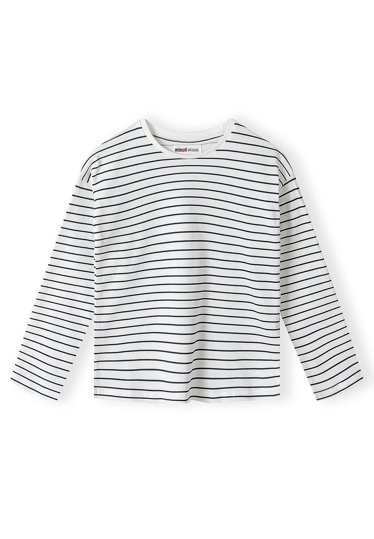 White long-sleeve crew-neck top with narrow navy horizontal stripes.