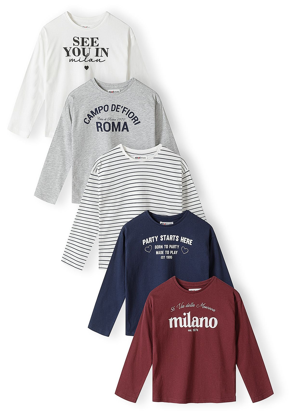 Front of five long-sleeve tops: white Milan, grey Roma, navy stripe, navy slogan and burgundy Milano.