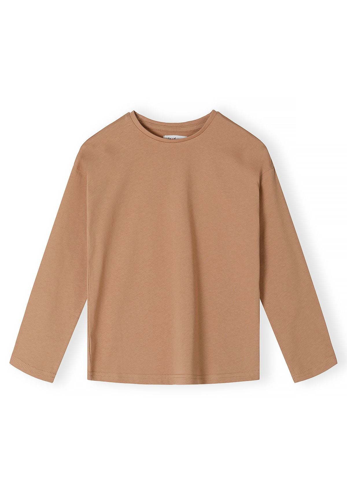 Front of plain warm camel long-sleeve crew-neck top.