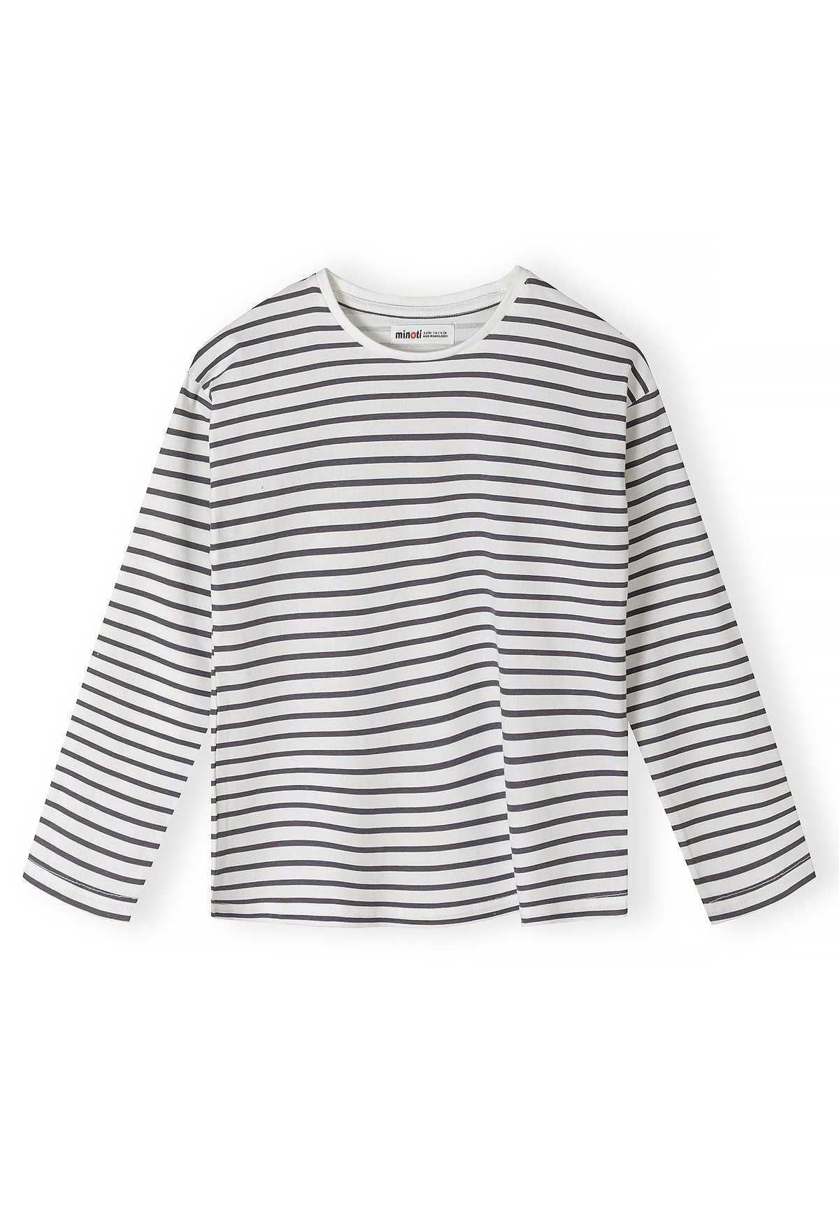 Front of off-white top with thin charcoal horizontal stripes.