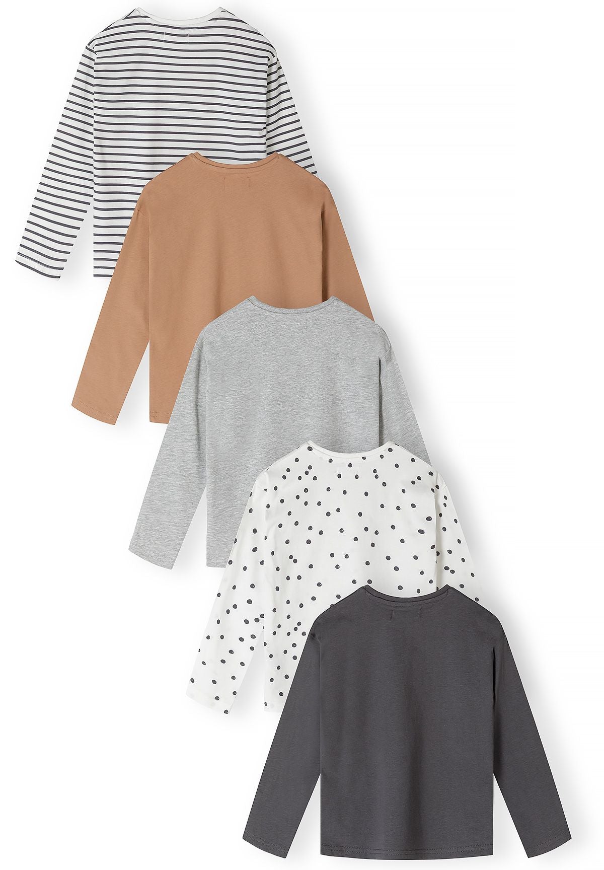 Back view of five long-sleeve tops in stripes, camel, grey, spots and charcoal.