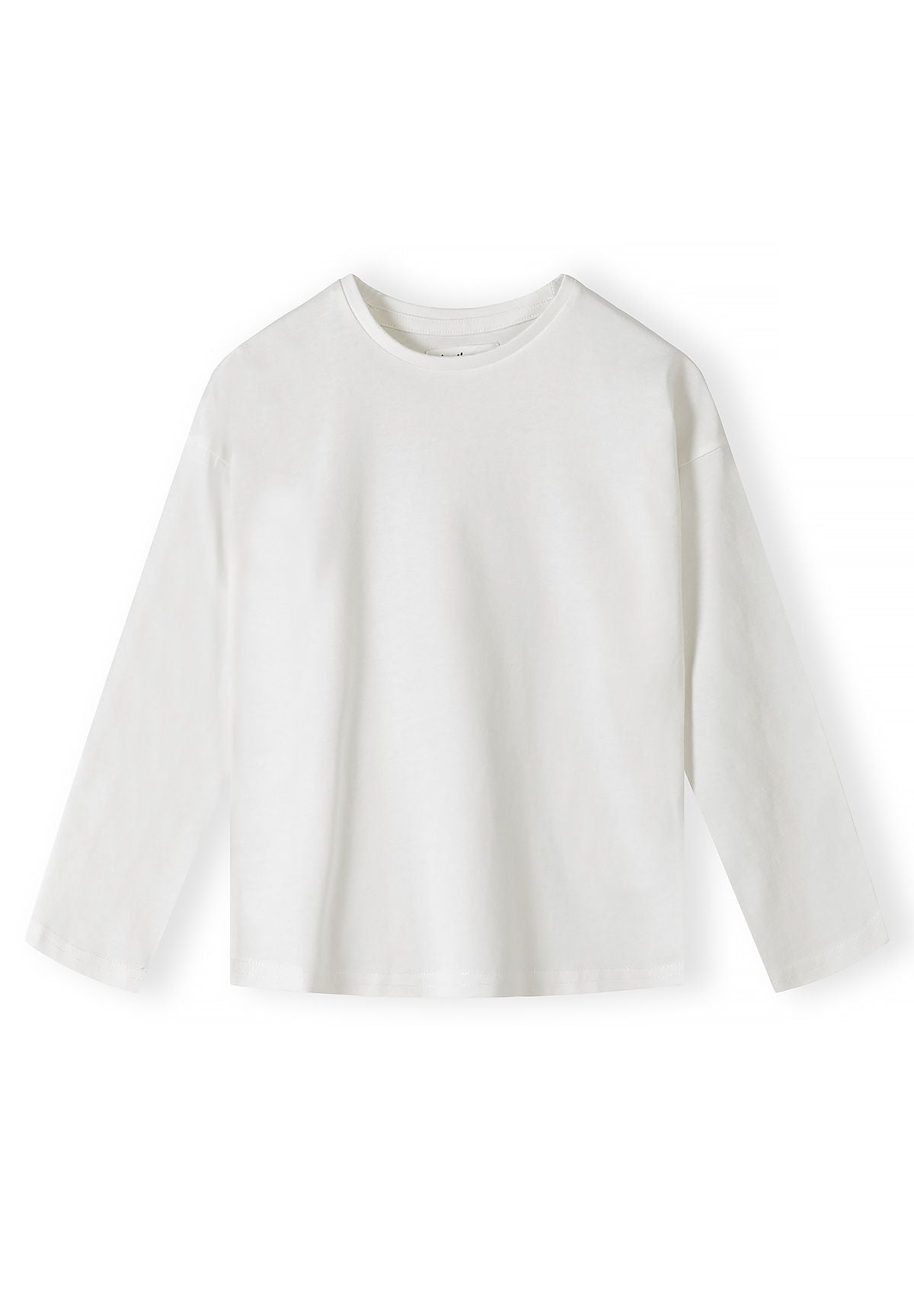 Front of plain white long-sleeve top with crew neck.