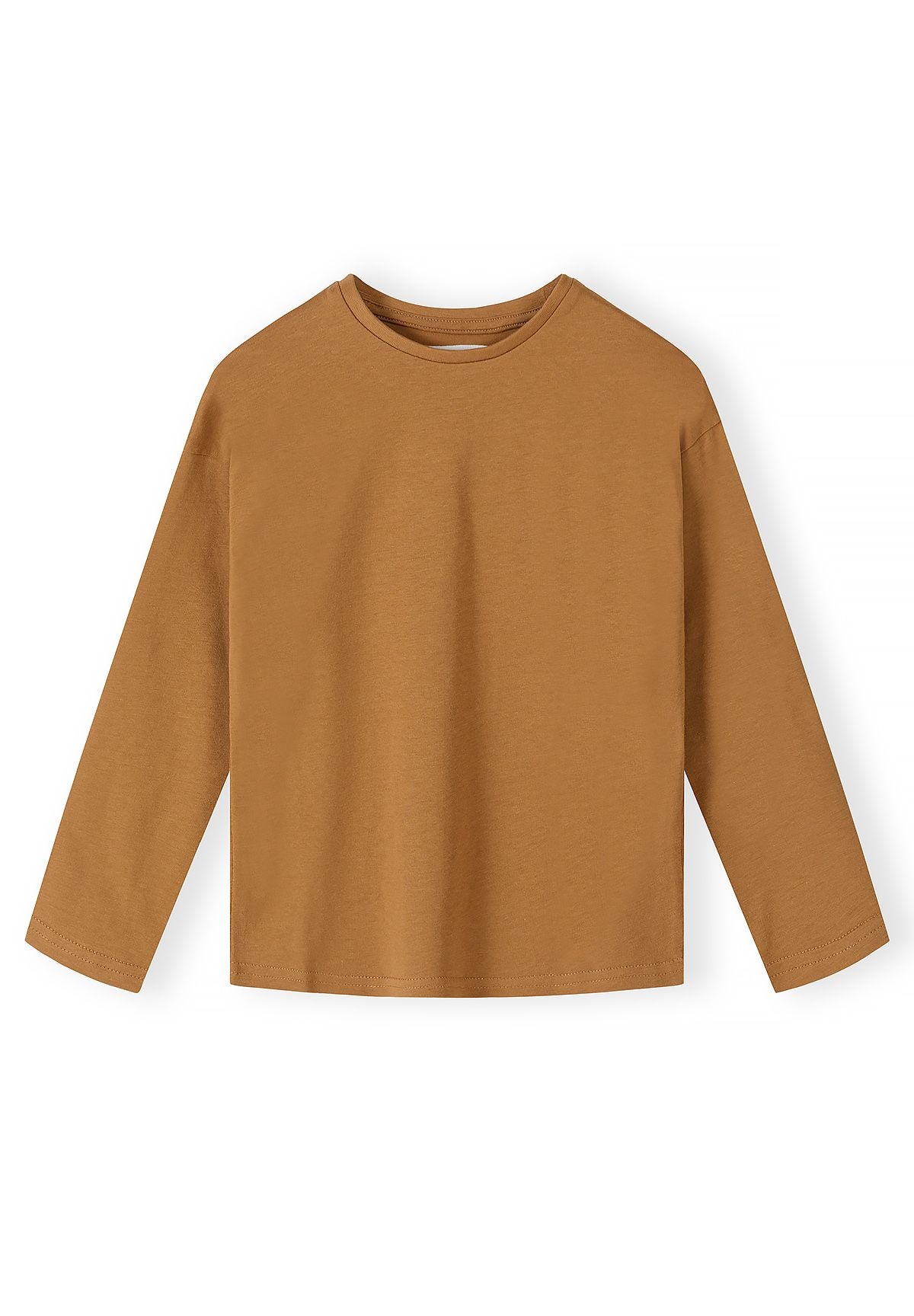 Front of plain camel brown long-sleeve crew-neck top.