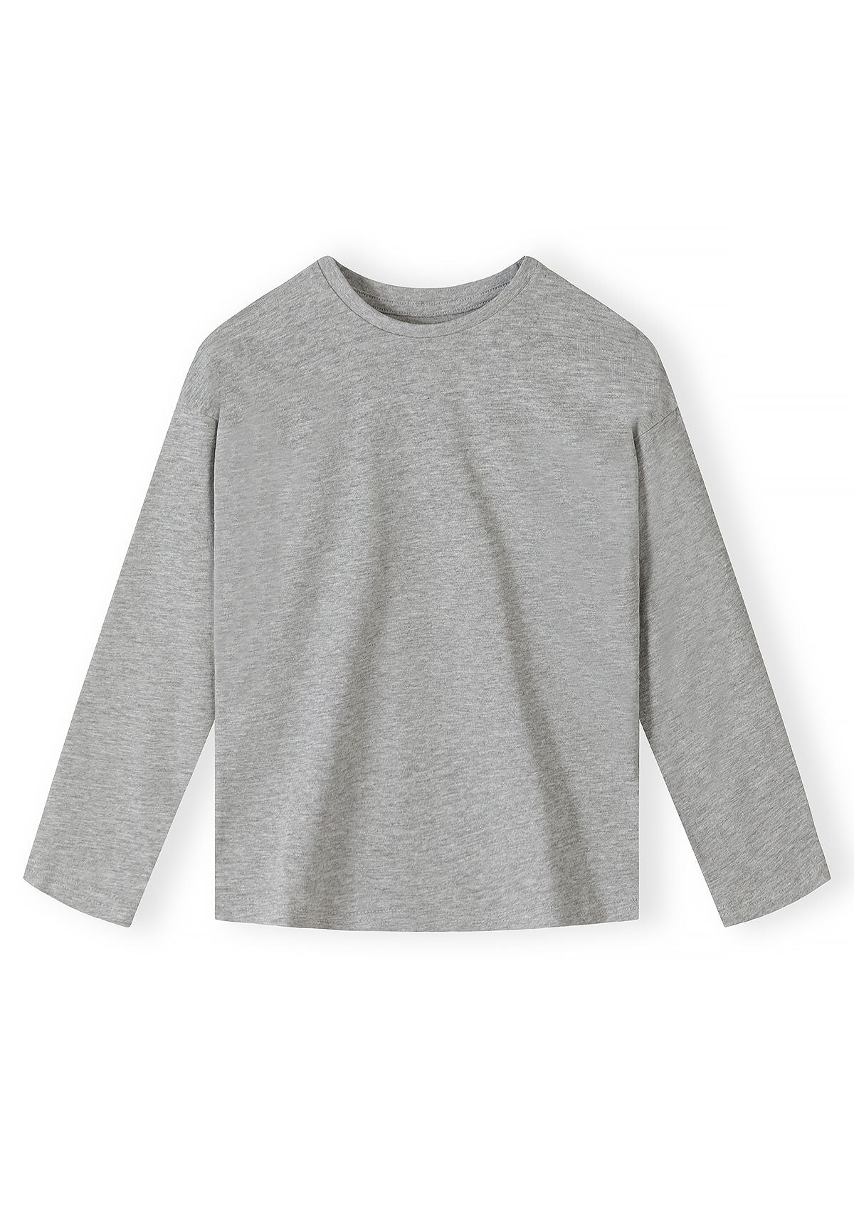 Front of plain grey marl long-sleeve crew-neck top.