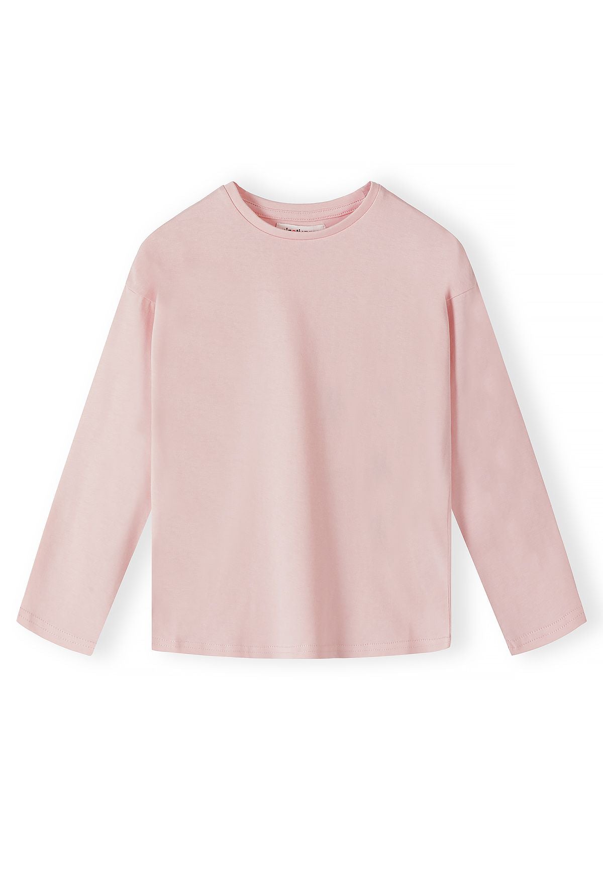 Front of plain pale pink long-sleeve crew-neck top.