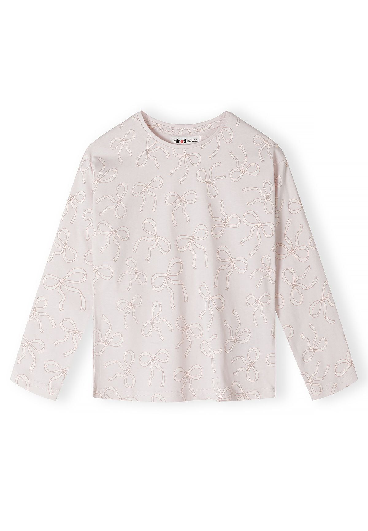 Front of pale pink long-sleeve top with outlined bow print.