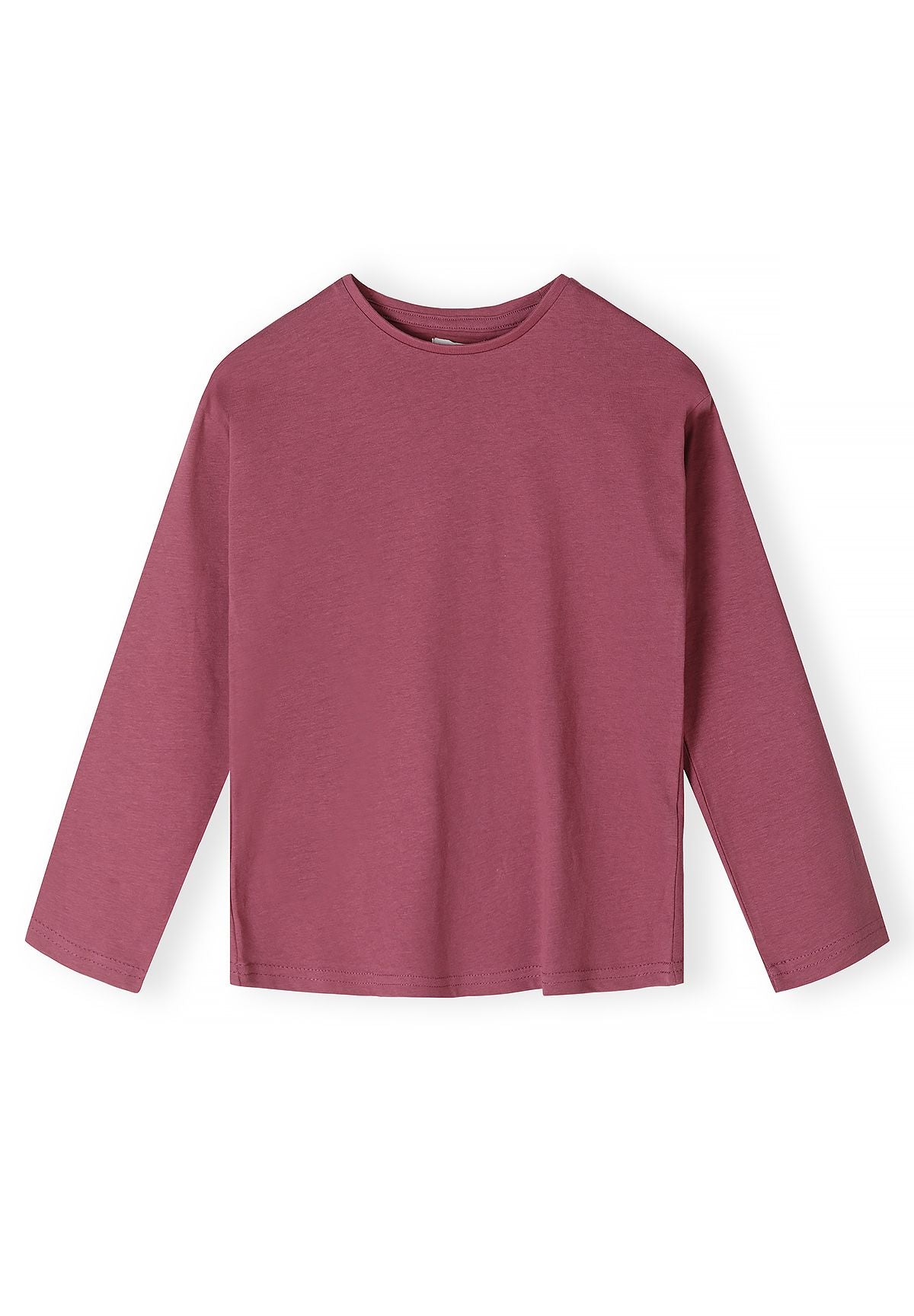 Front of plain berry pink long-sleeve crew-neck top.