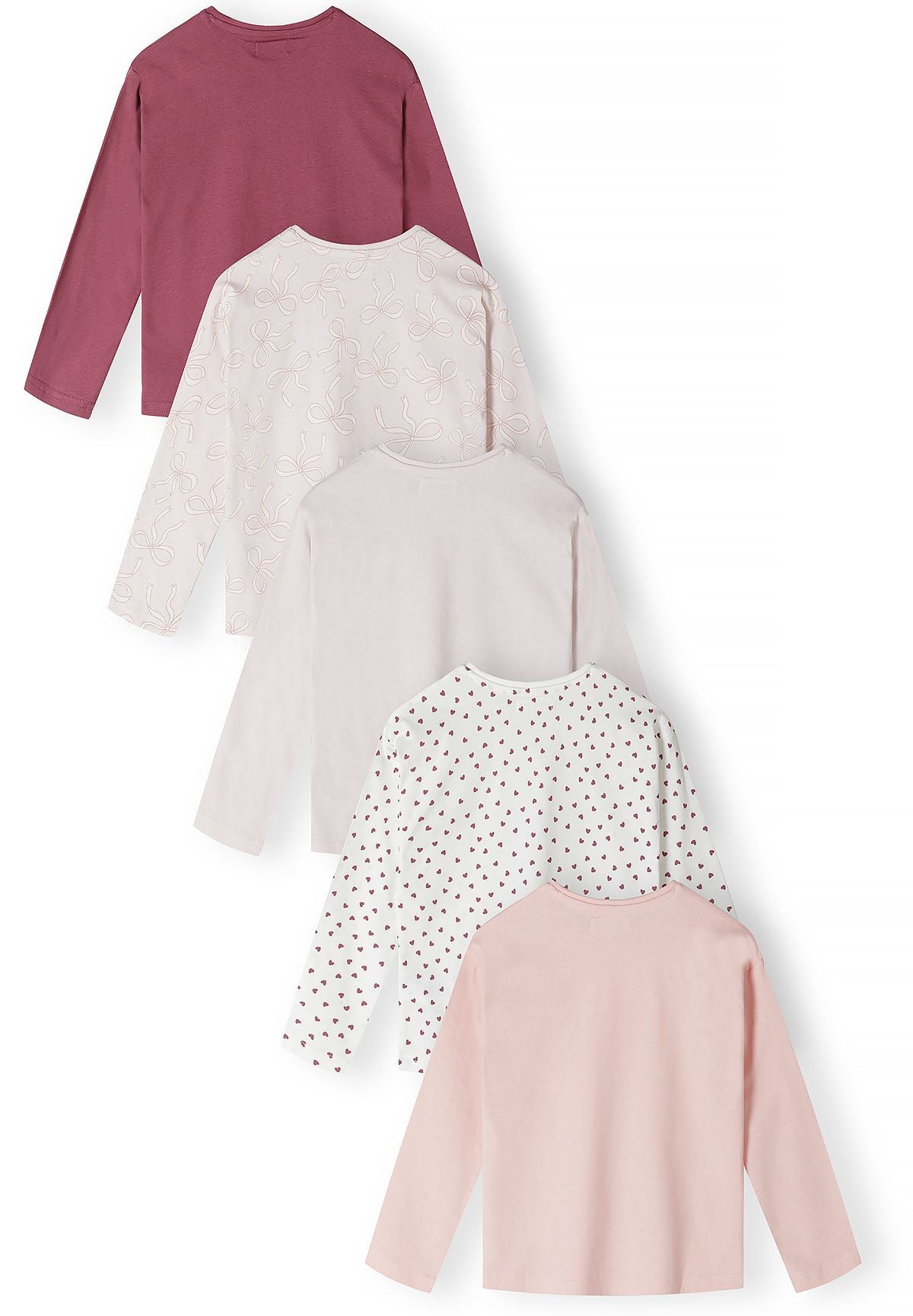 Back view of five pink, berry, bow-print and heart-print tops.
