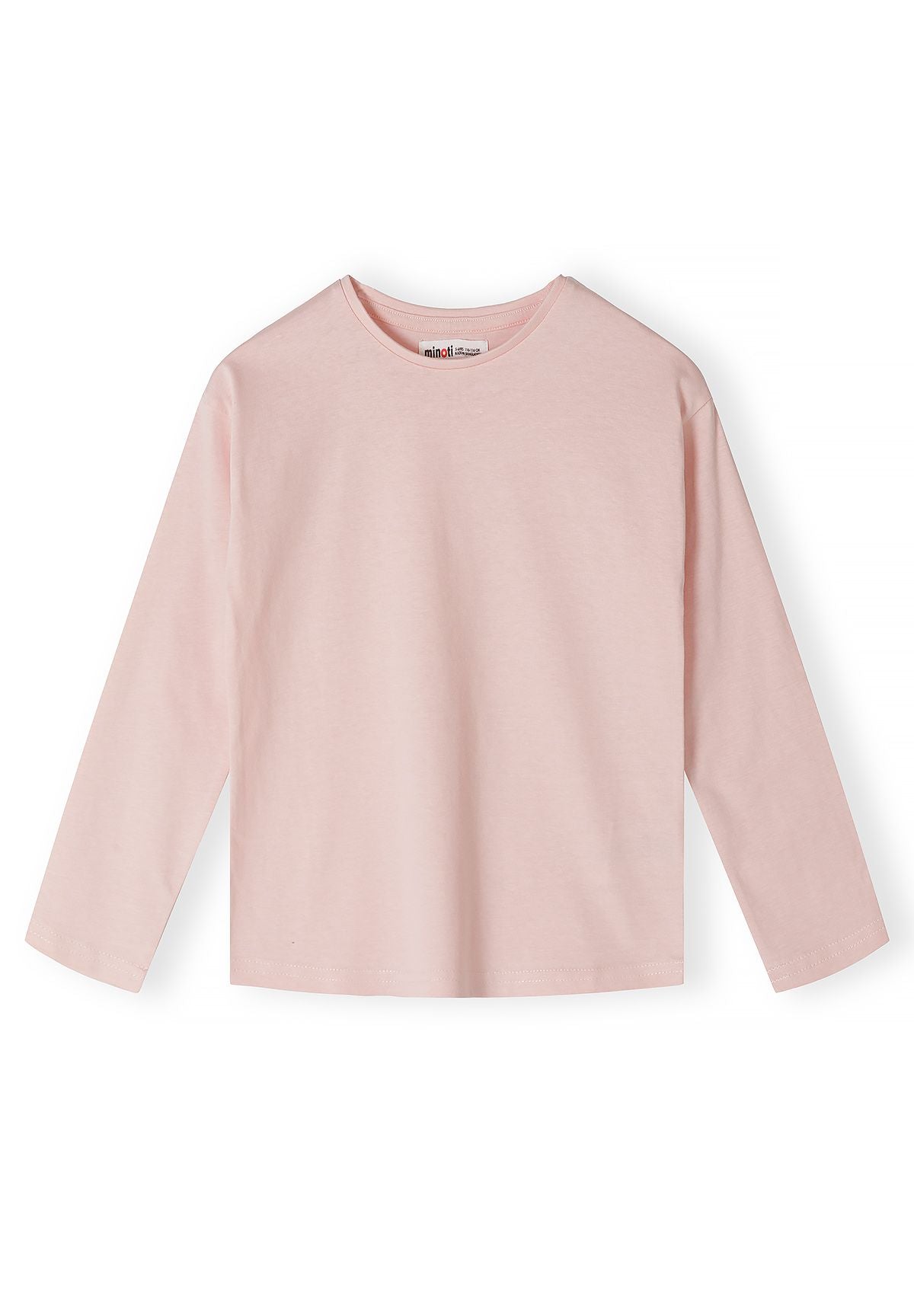 Front of plain soft pink long-sleeve crew-neck top.