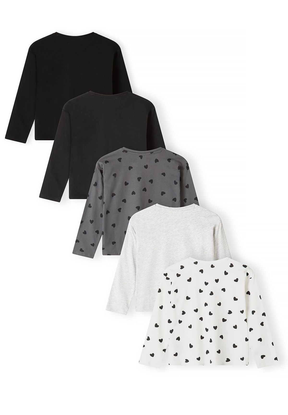 Back view of five black, grey and white long-sleeve tops, two with hearts.