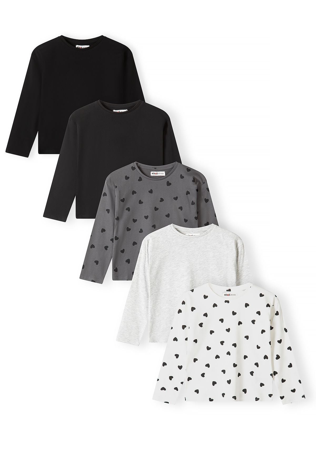 Front view of five long-sleeve tops, three plain and two heart-printed.