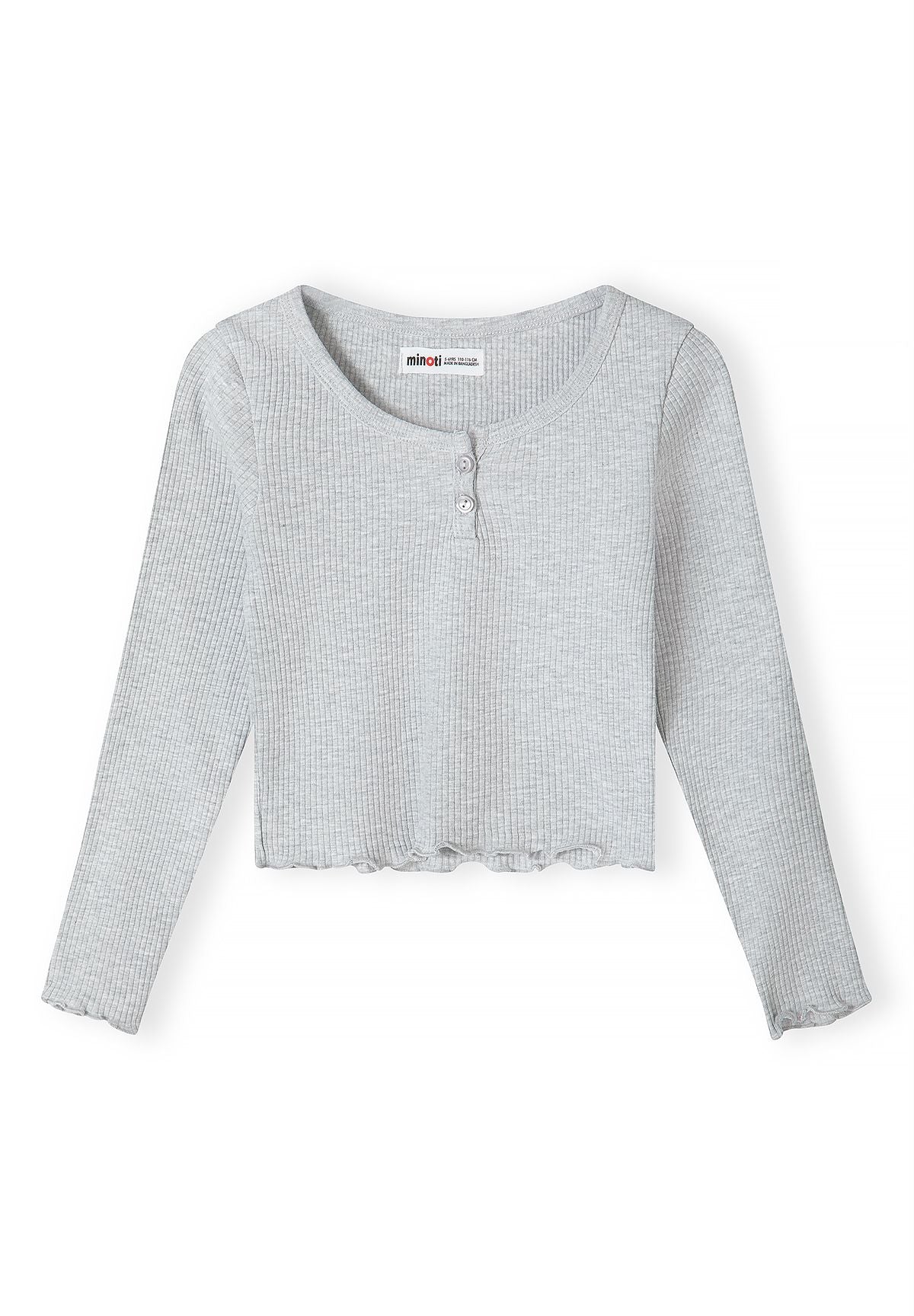 Front of light grey marl ribbed top with two-button neckline.