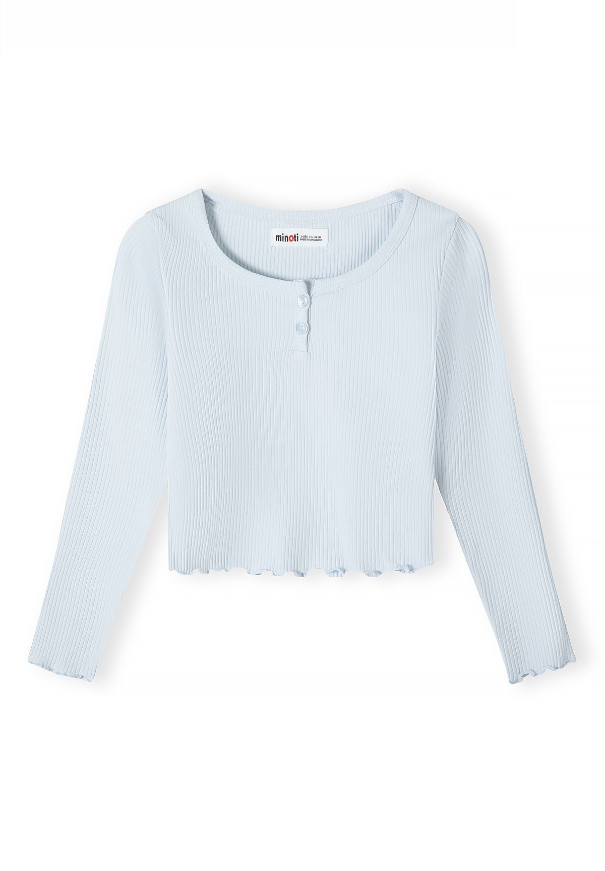 Front of pale blue ribbed top with two-button neck and wavy hem.