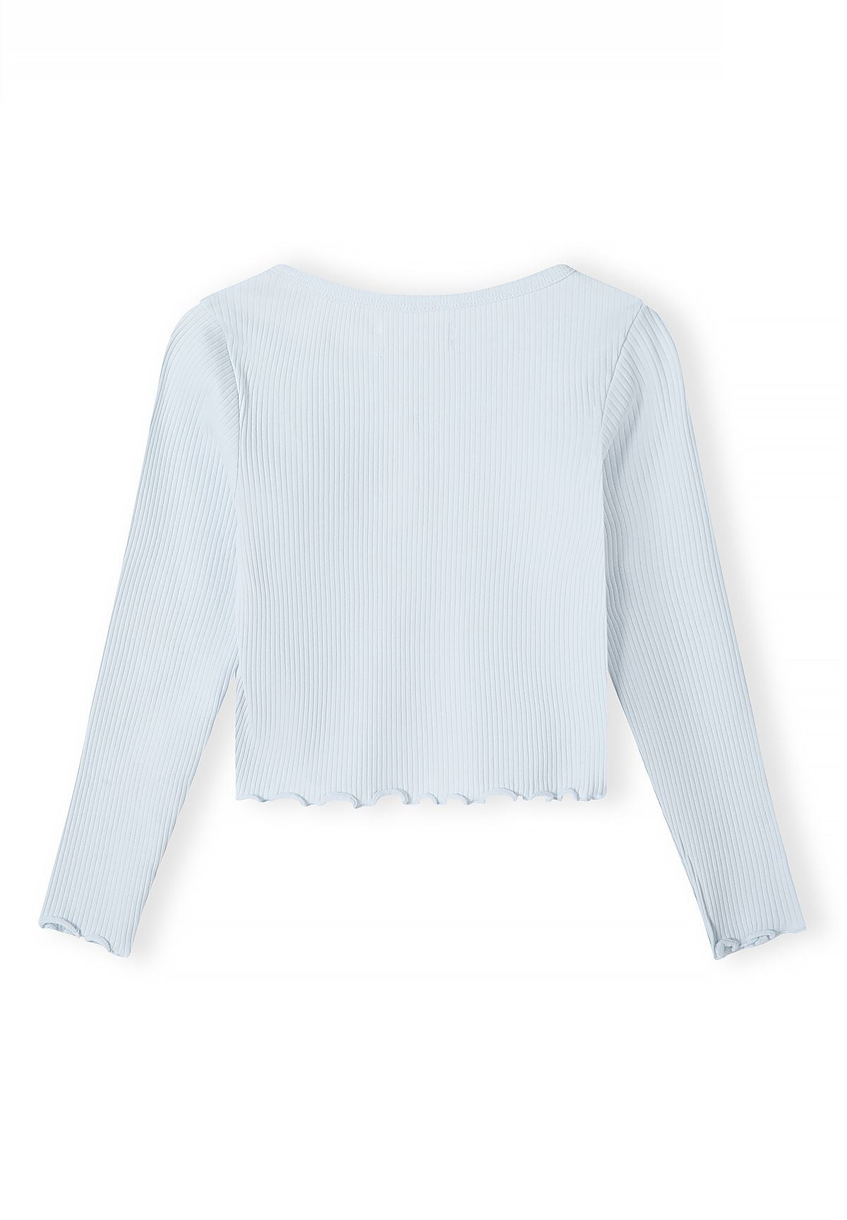 Back of pale blue ribbed long-sleeve top with wavy edges.