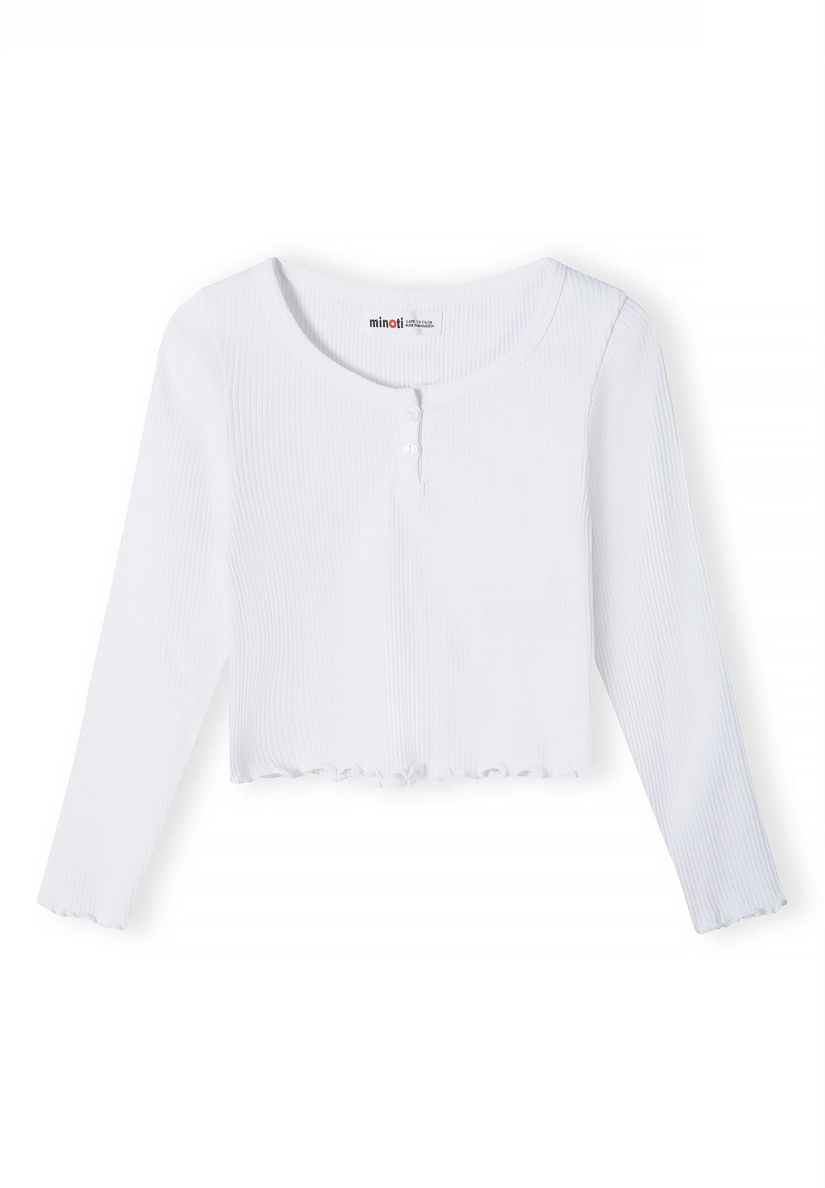 Front of white ribbed long-sleeve top with wavy hem.