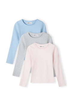 Front view of three ribbed crew-neck tops in blue, grey marl and pink.