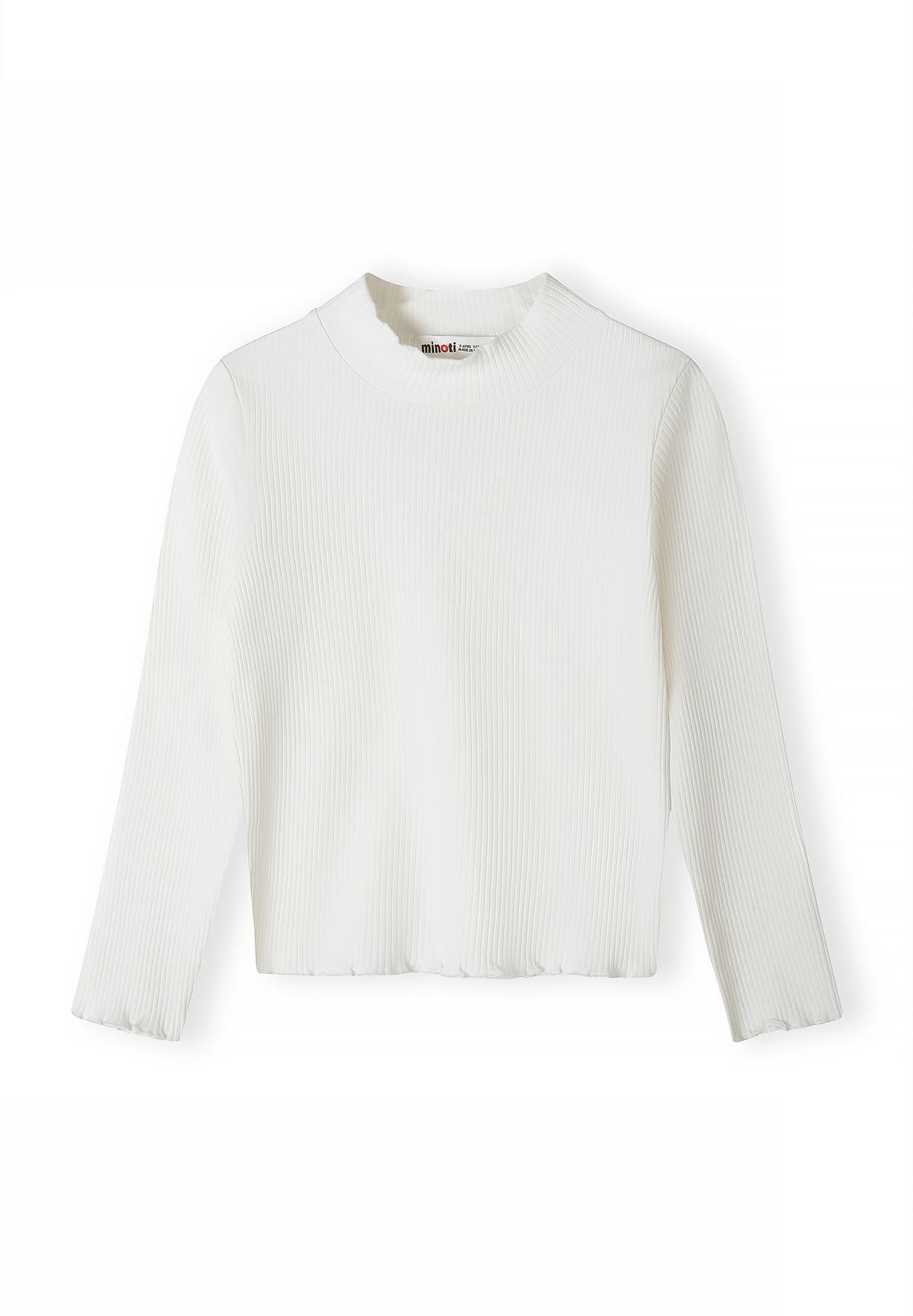 Ivory ribbed long-sleeve top with a short high neck and wavy hem, front view.