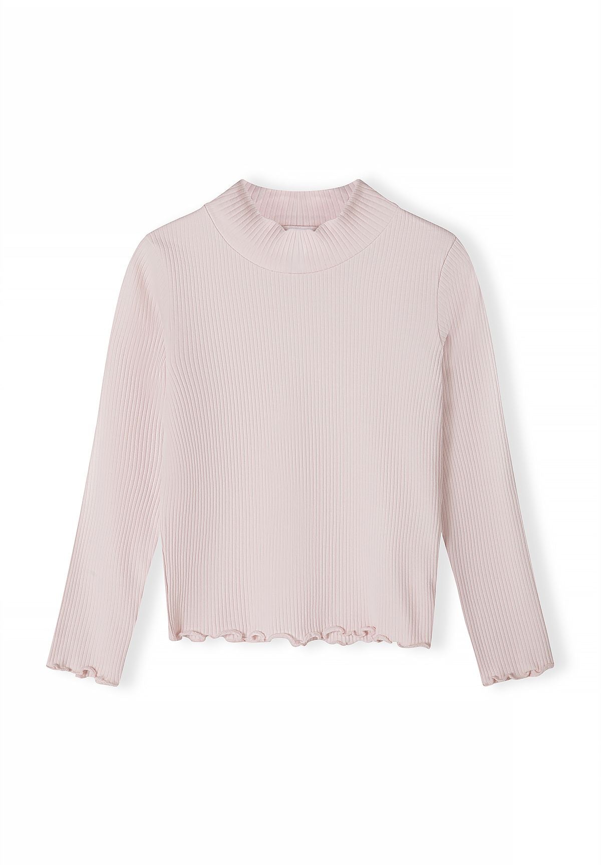 Light pink high-neck top with vertical ribs and frilled cuffs and hem, front view.