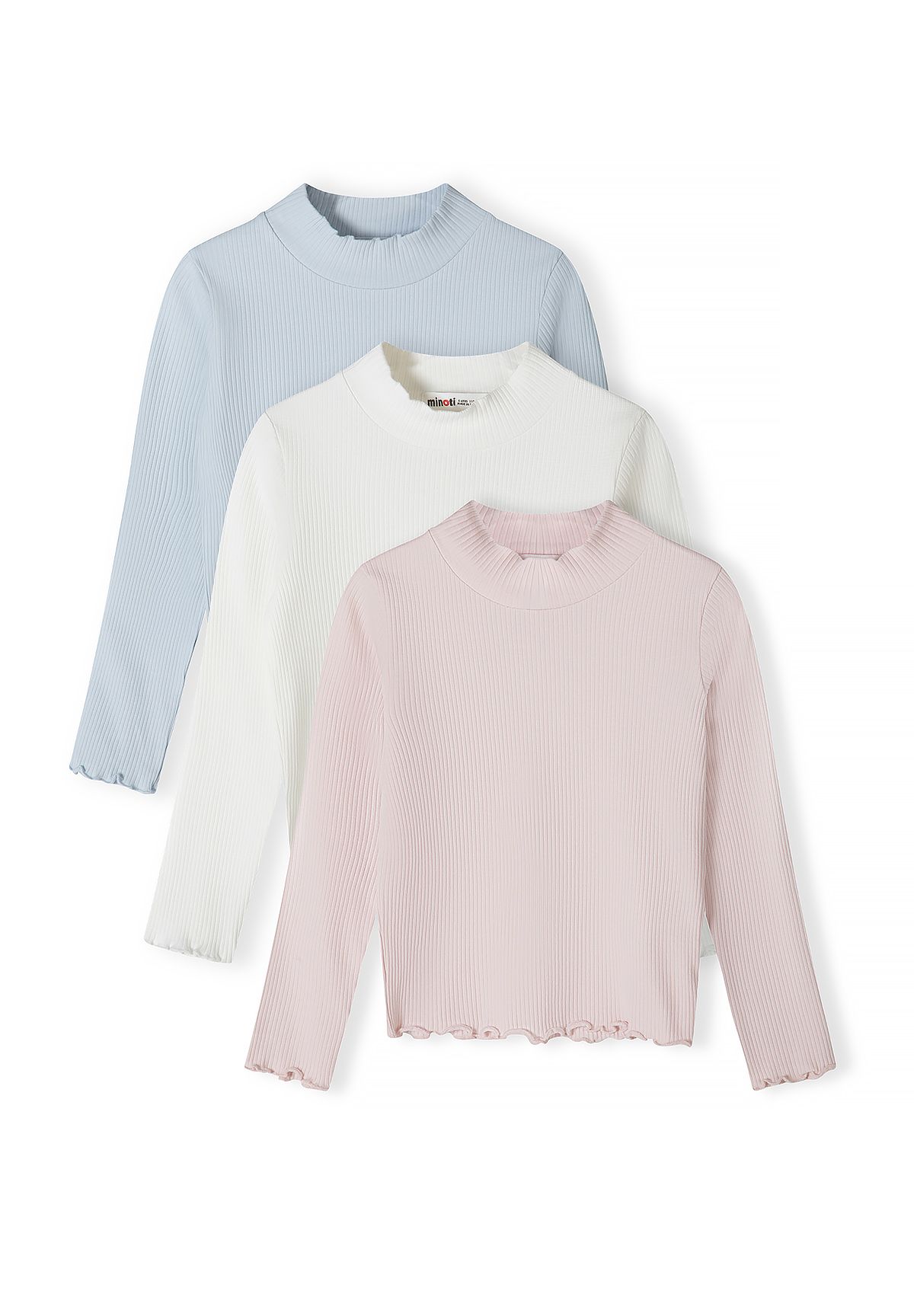 Front view of three pastel ribbed tops in pale blue, ivory and pink with frilled edges.