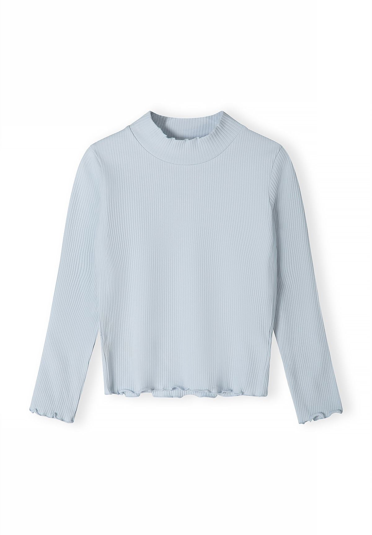 Pale blue high-neck ribbed top with long sleeves and wavy hem, front view.