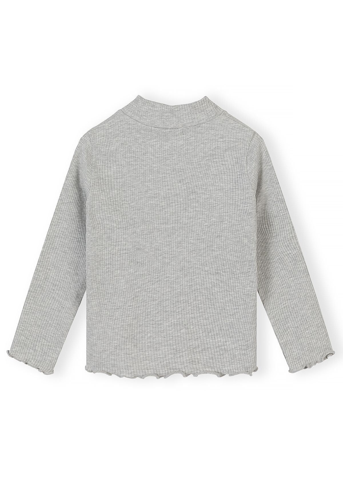 Back of grey marl ribbed top with raised neck and wavy hem.