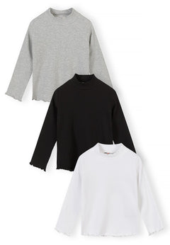 Front view of three ribbed high-neck tops in grey marl, black and white.