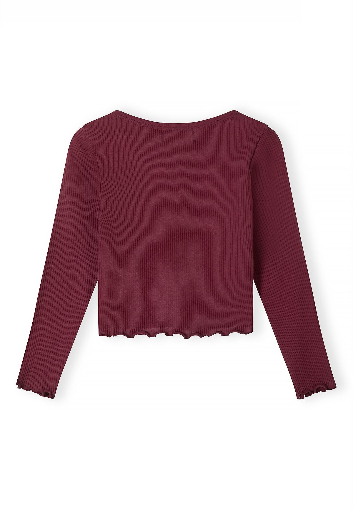 Back of burgundy ribbed long-sleeve top with wavy hem and cuffs.