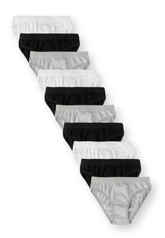 Ten girls' plain briefs in white, black and grey marl, arranged with elastic branded waistbands.
