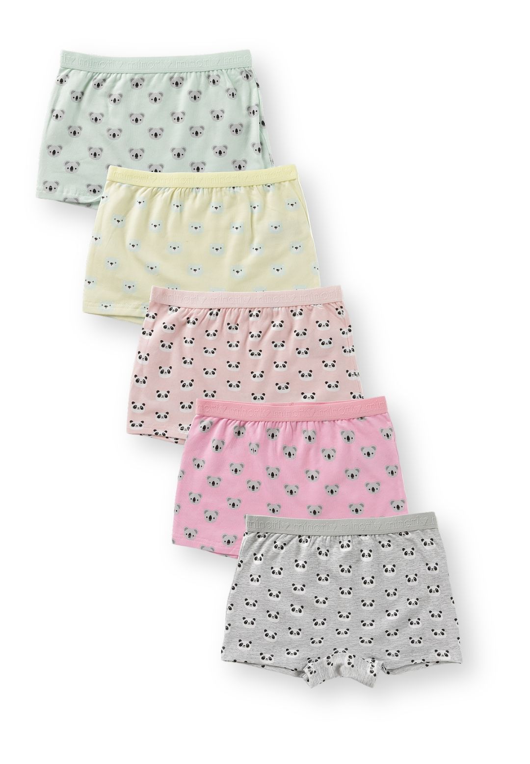 Five girls' short-leg boxer shorts in mint, yellow, pink and grey with small animal-face prints.