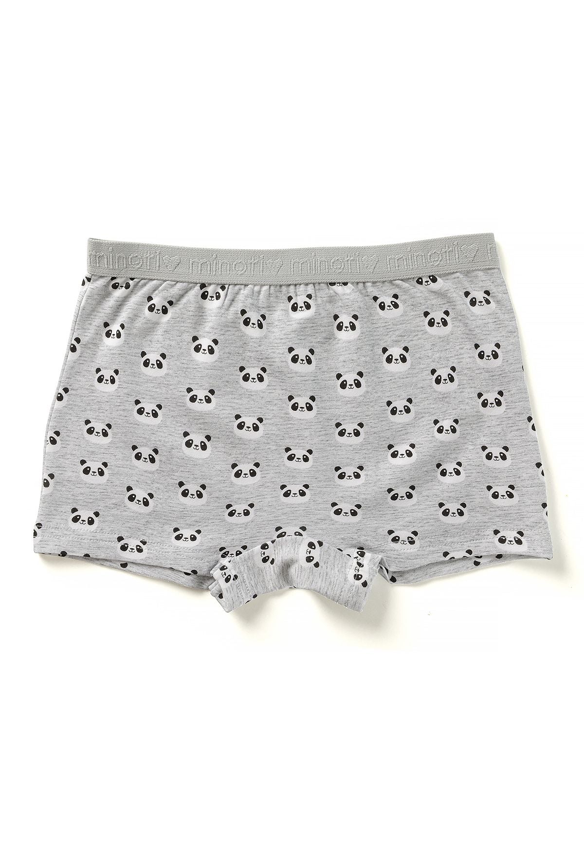 Grey marl short-leg boxer shorts with repeated black-and-white panda faces and a grey elastic waistband.