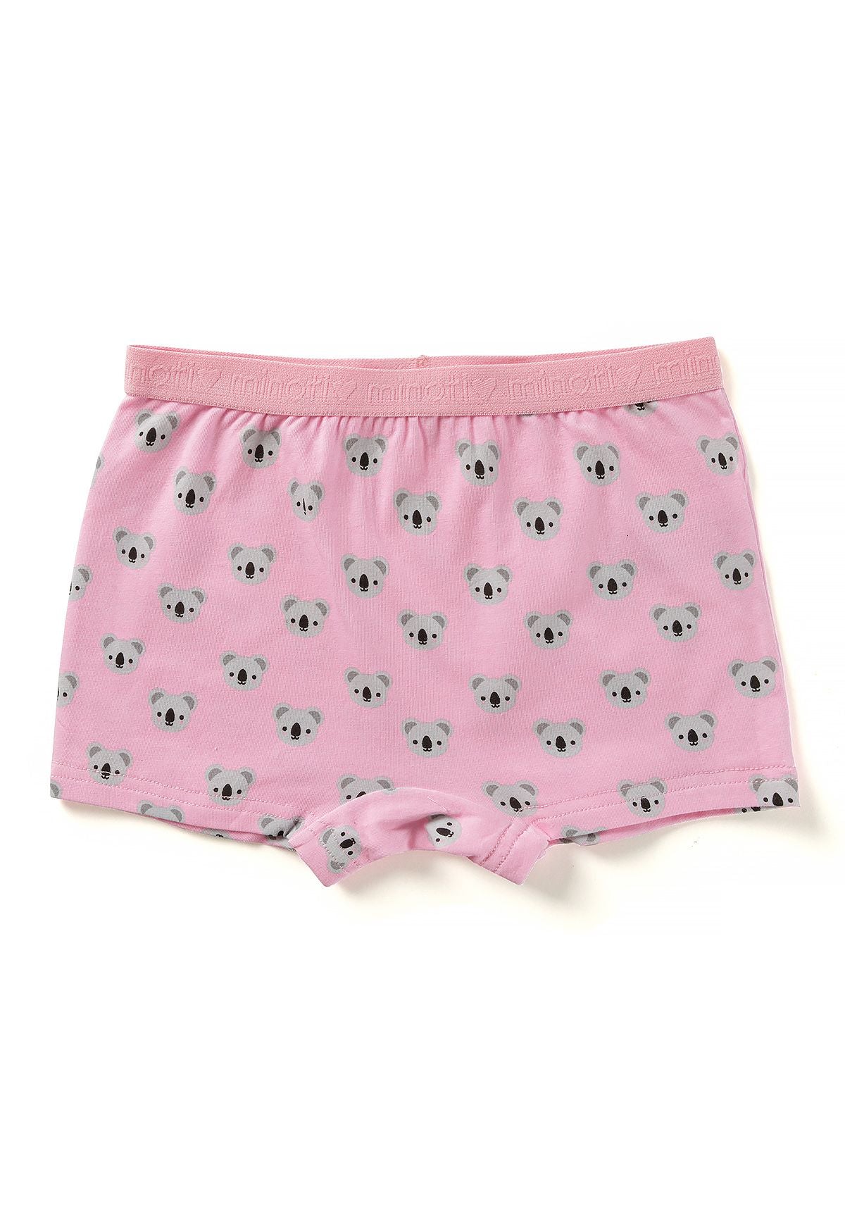 Bright pink girls' boxer shorts with scattered grey koala-face print and a pink elastic waistband.