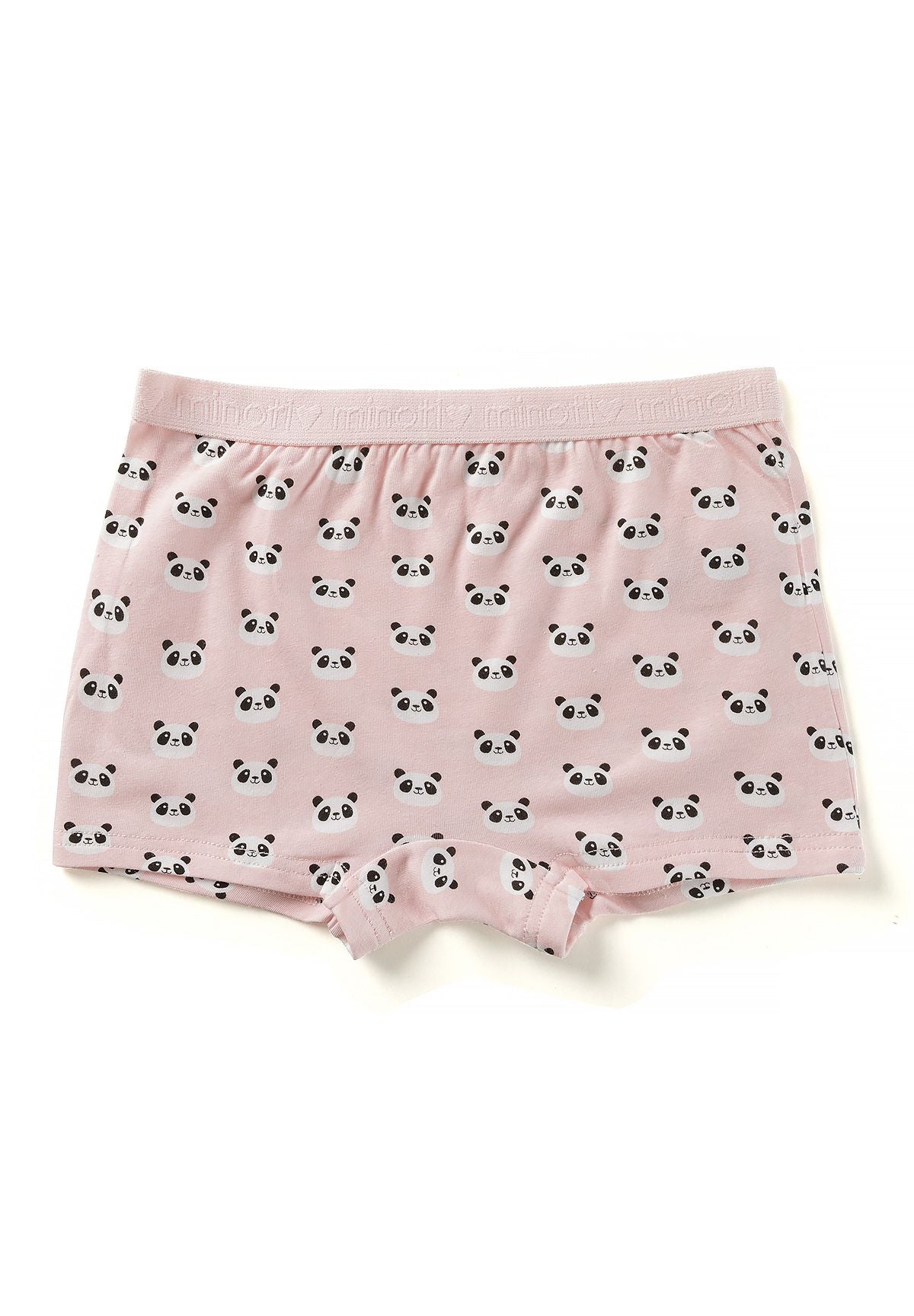 Pale blush-pink boxer shorts with small black-and-white panda faces and a matching waistband.