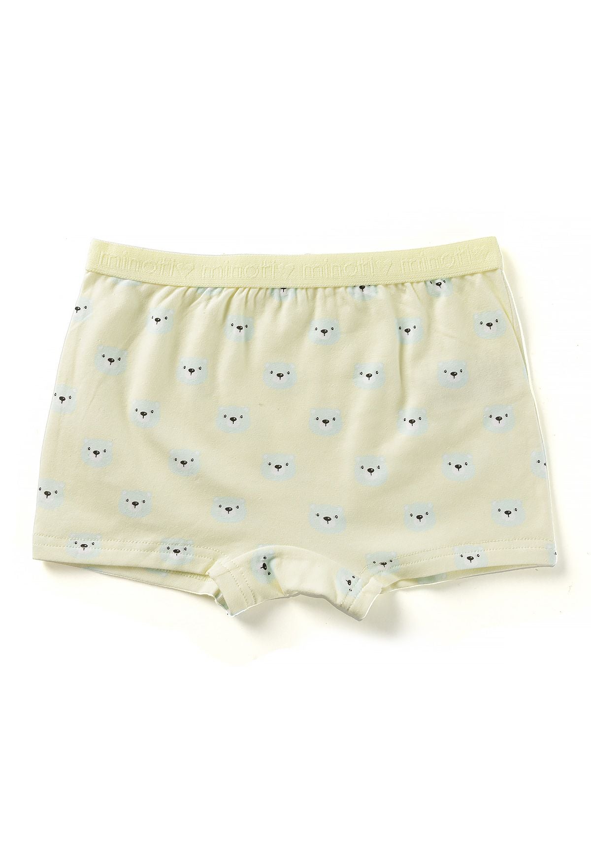 Pale yellow boxer shorts with tiny white animal faces and a yellow elastic waistband.