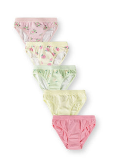 Five girls' briefs in pink, yellow and mint with fruit prints and plain pairs.