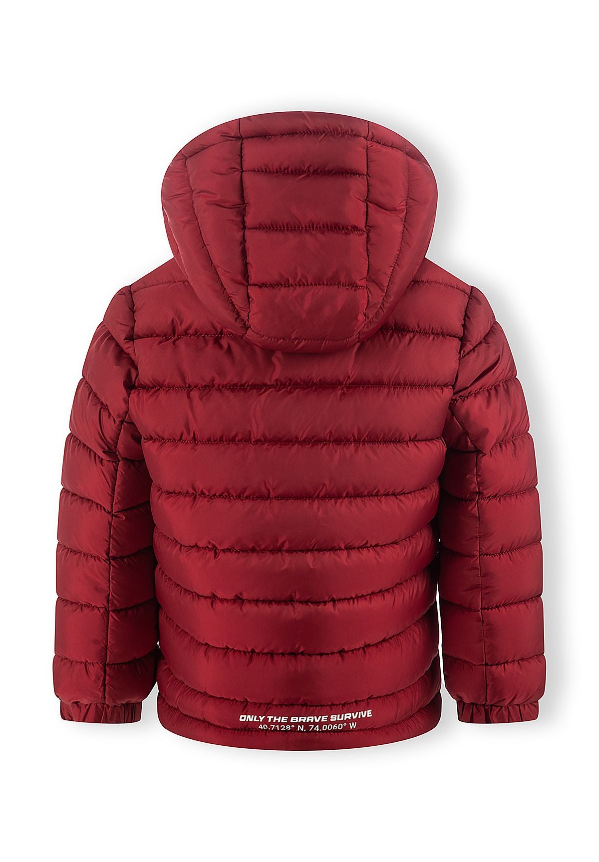 Back view of the deep red hooded puffer jacket with horizontal quilting and a white slogan near the hem.