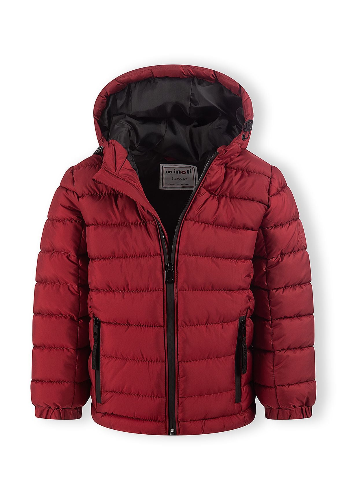 Deep red puffer jacket partly unzipped to show its smooth black hood and body lining.