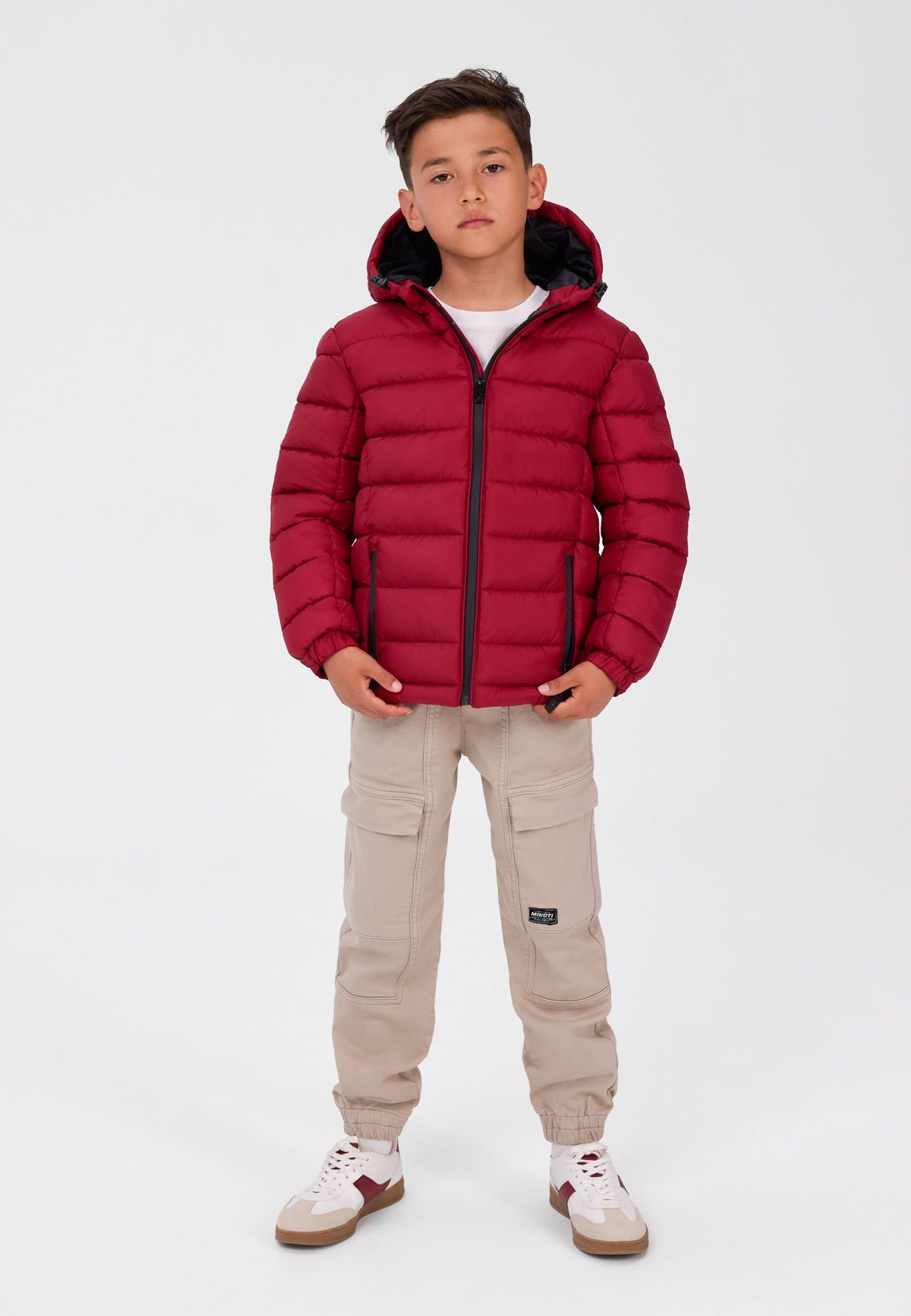 Boys' red puffer jacket, quilted with a drawcord hood – Minoti 33COAT252, 3