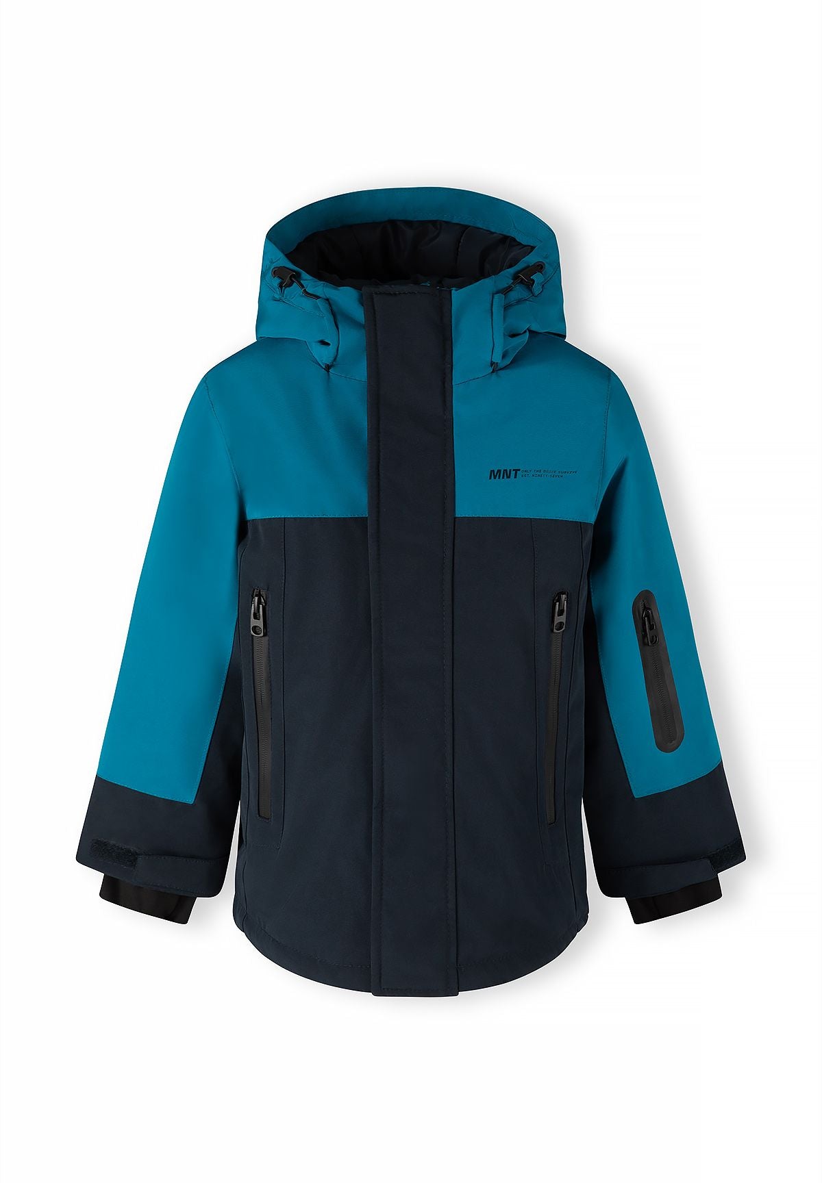 Front of a teal and navy boys' parka with a covered centre zip, two zipped hip pockets and sleeve zip.