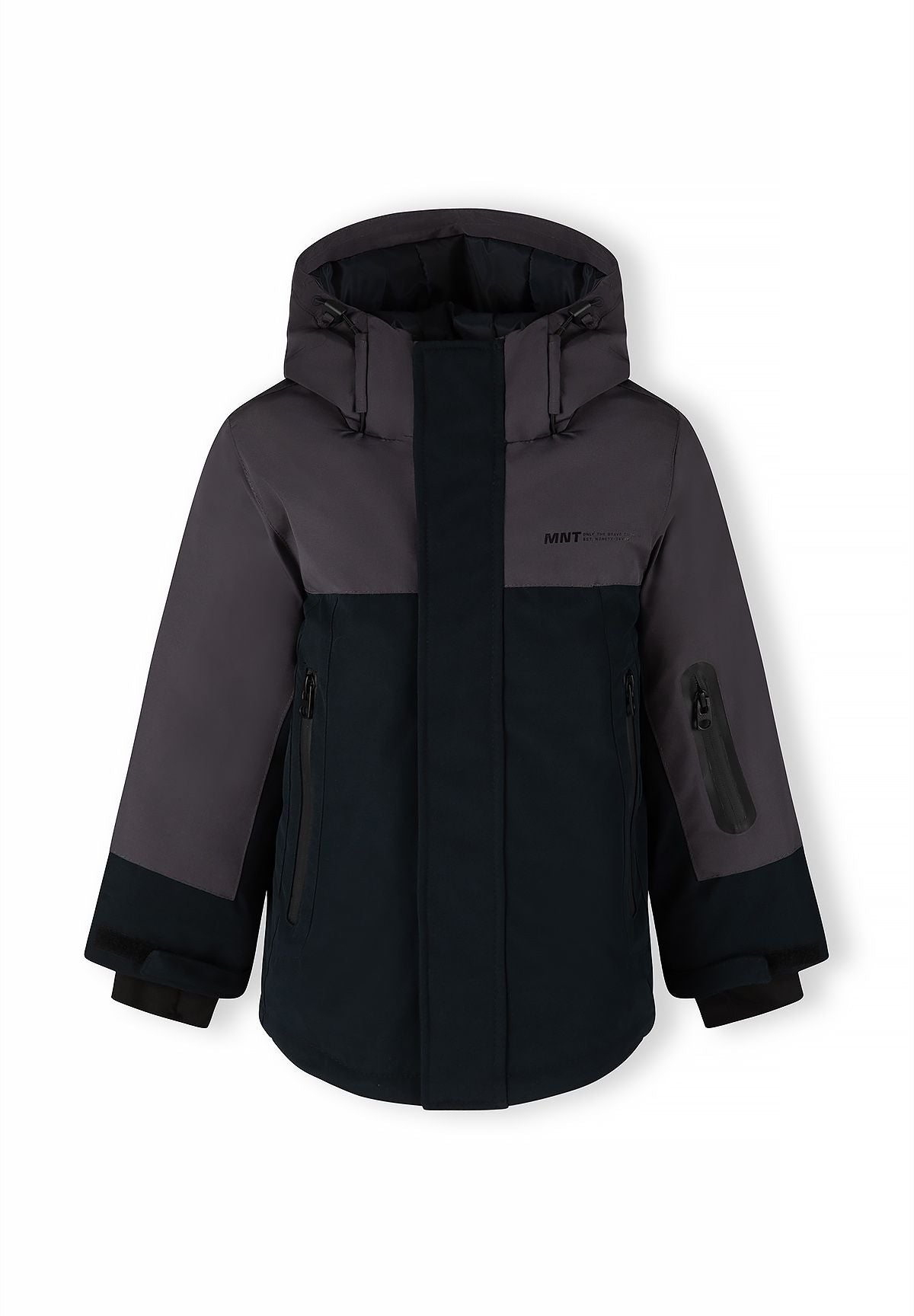 Front of a charcoal and black boys' parka with covered centre zip, two zipped hip pockets and sleeve zip.