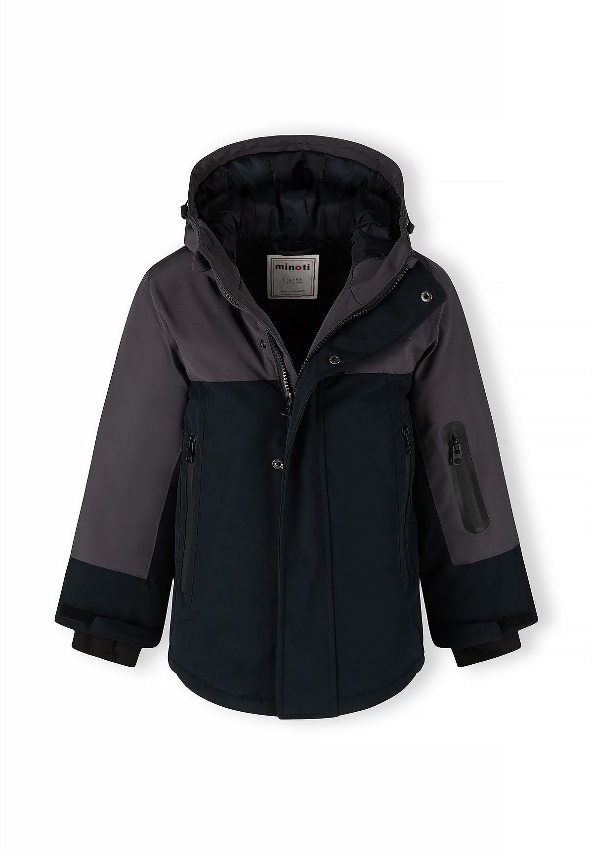Boys' colour-block parka partly open to show a black quilted hood lining and snapped storm flap.