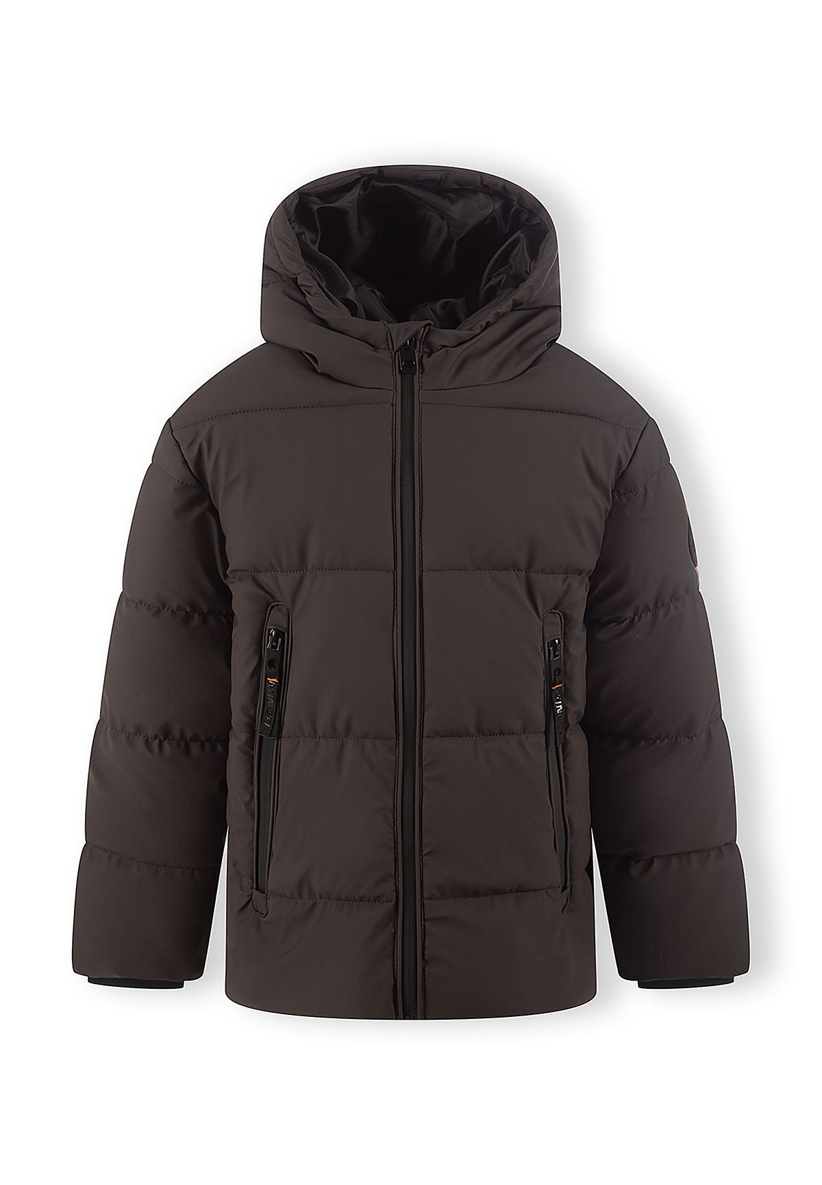 Front of a dark brown hooded puffer jacket with black centre zip and two long zipped pockets.