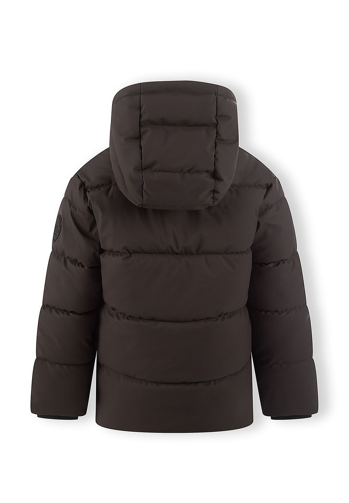 Back of a dark brown quilted puffer jacket with padded hood and broad horizontal bands.