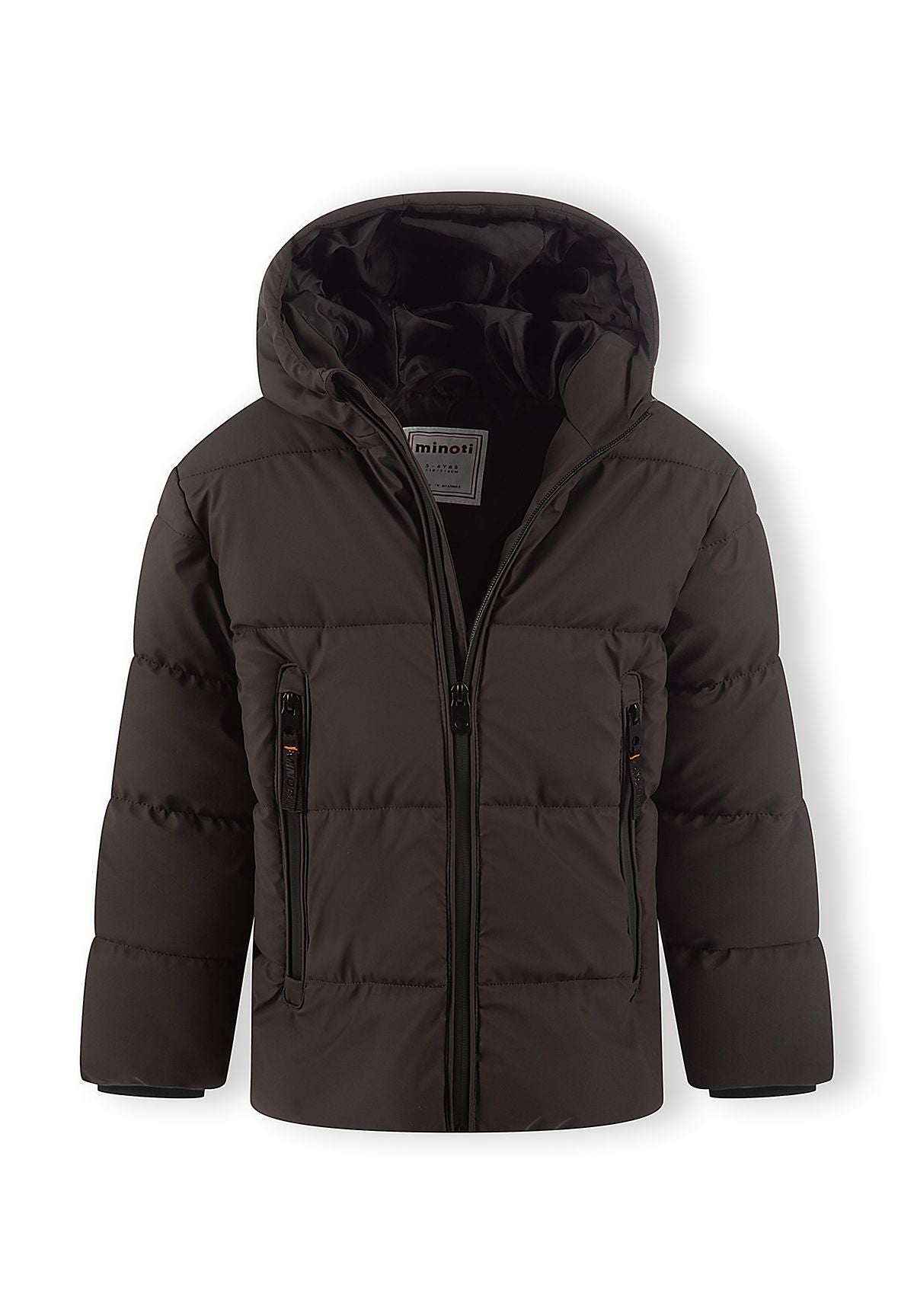 Dark brown puffer jacket partly unzipped to show black hood lining and long front zip pockets.