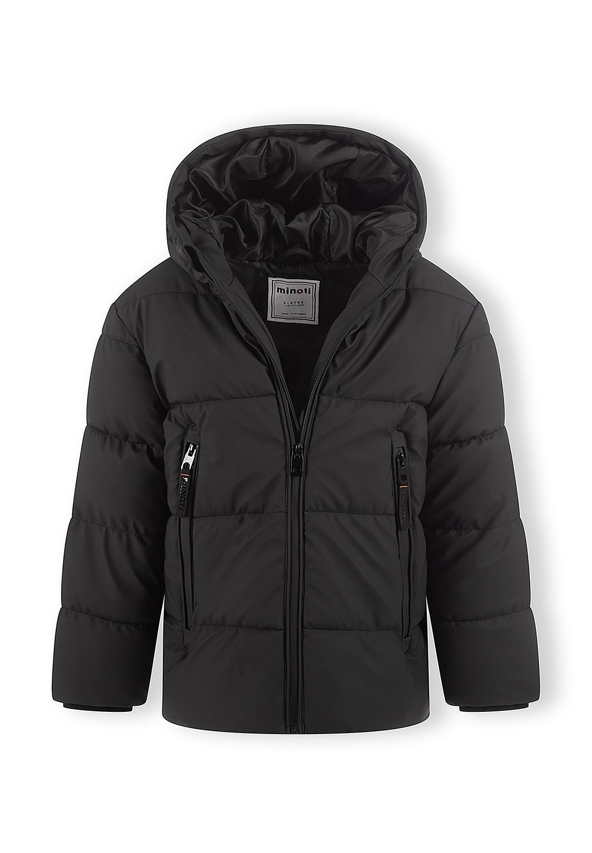 Black puffer jacket partly open to show glossy hood lining, Minoti neck label and two zipped front pockets.