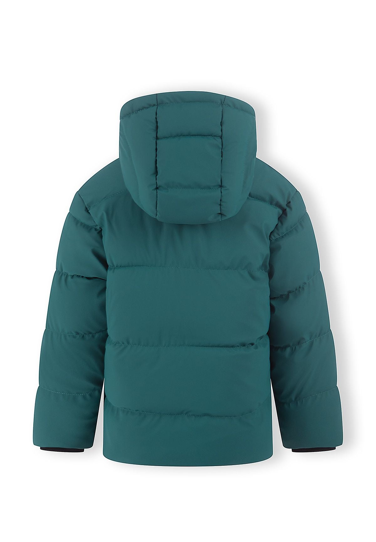 Back view of a teal quilted hooded jacket with broad padded panels and black cuff edges.