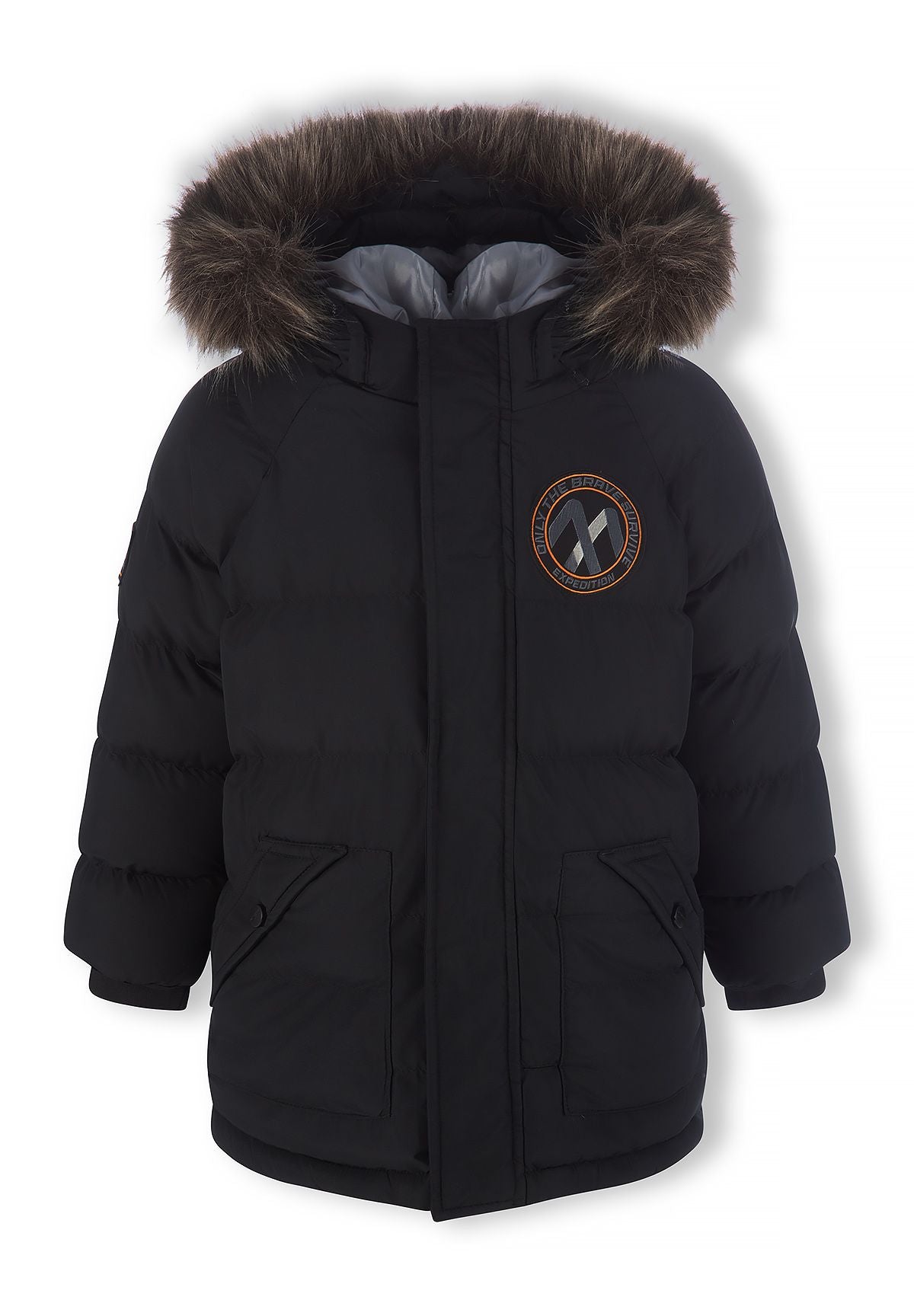 Zwarte gewatteerde parka voor jongens met afneembare capuchonrand, vooraanzicht.
