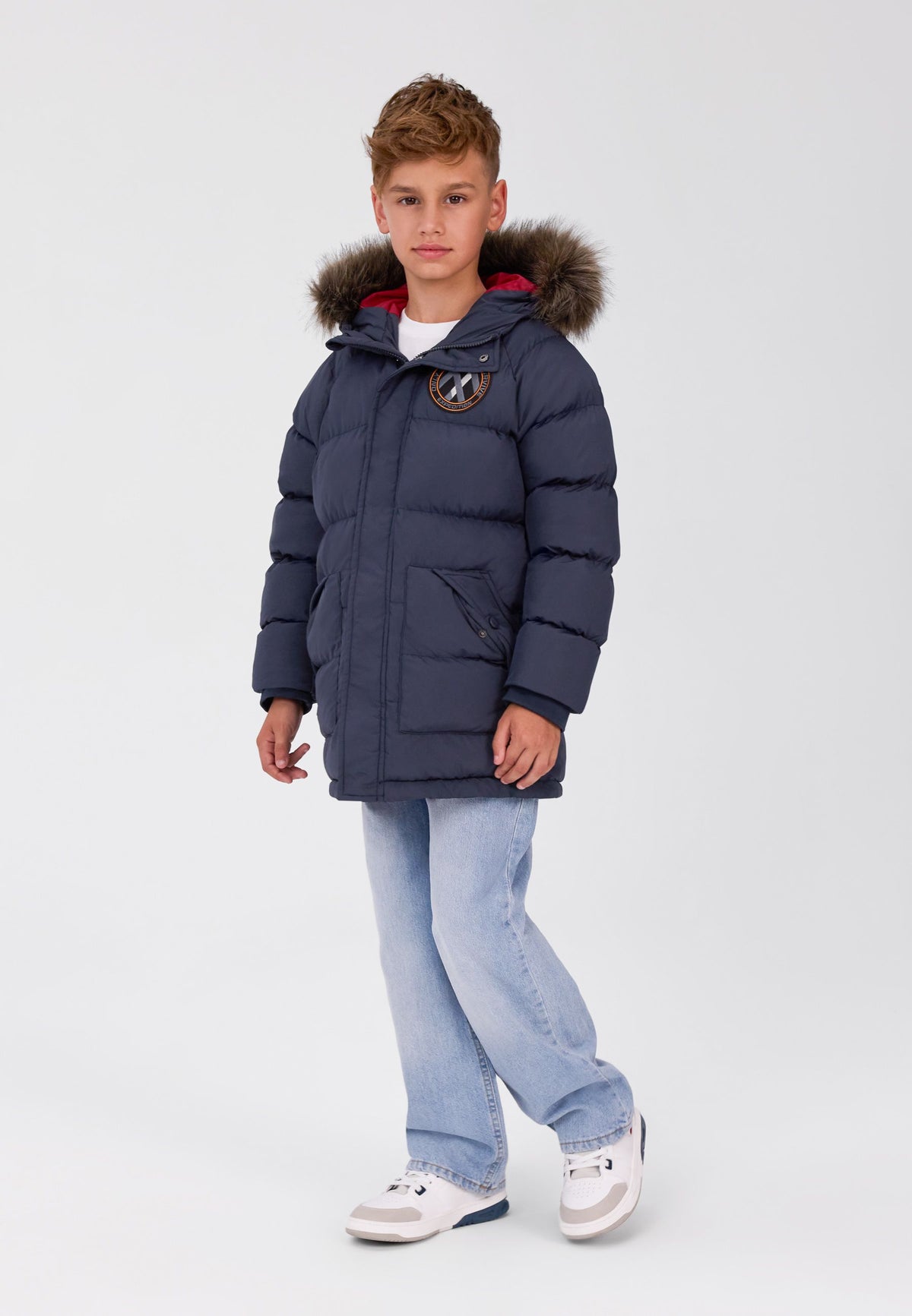 Boys' navy parka jacket with detachable faux fur hood – Minoti 33COAT282, 3