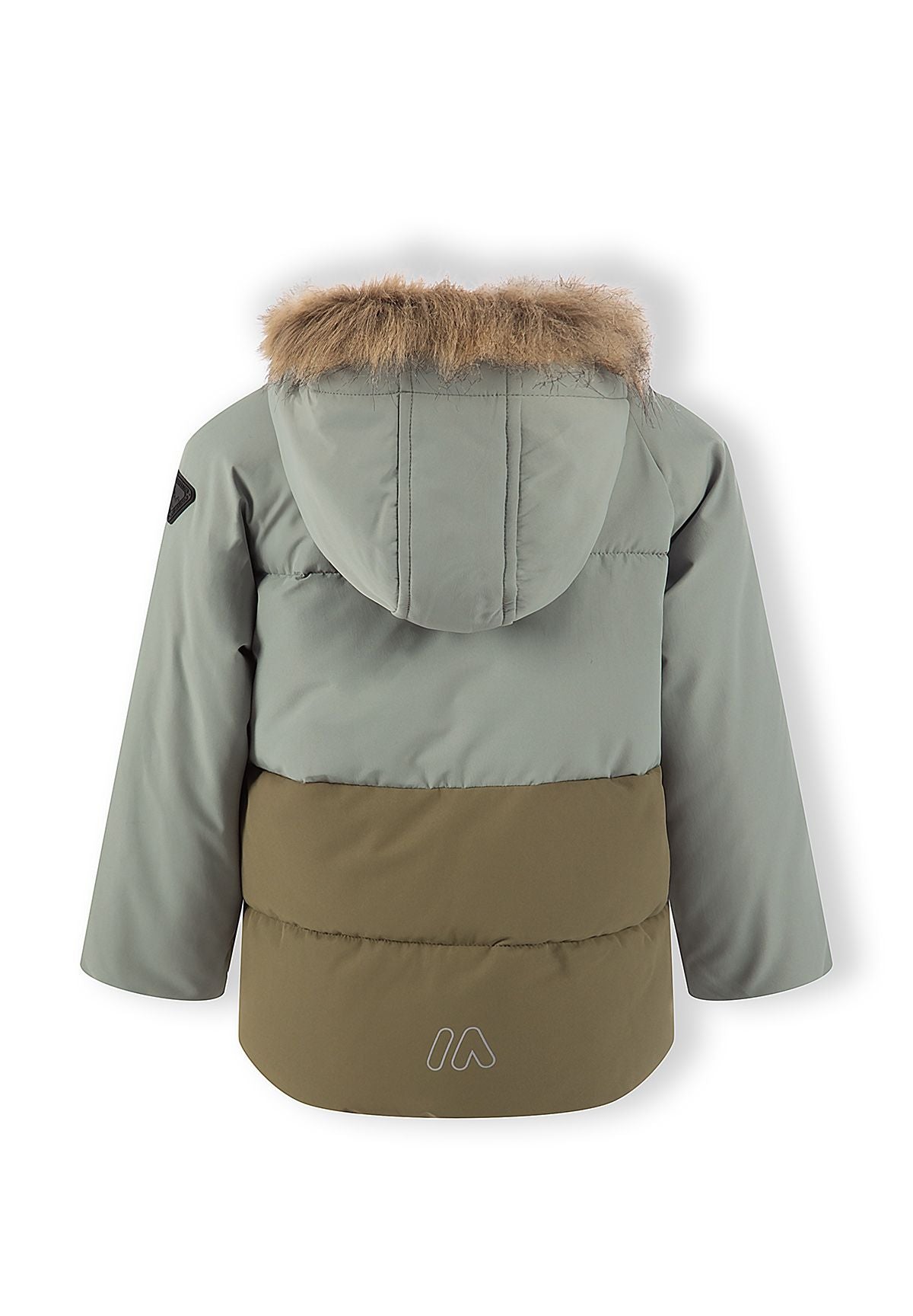 Gepolsterter Parka für Jungen in den Farben Salbei und Khaki im Color-Blocking-Design, Rückansicht.